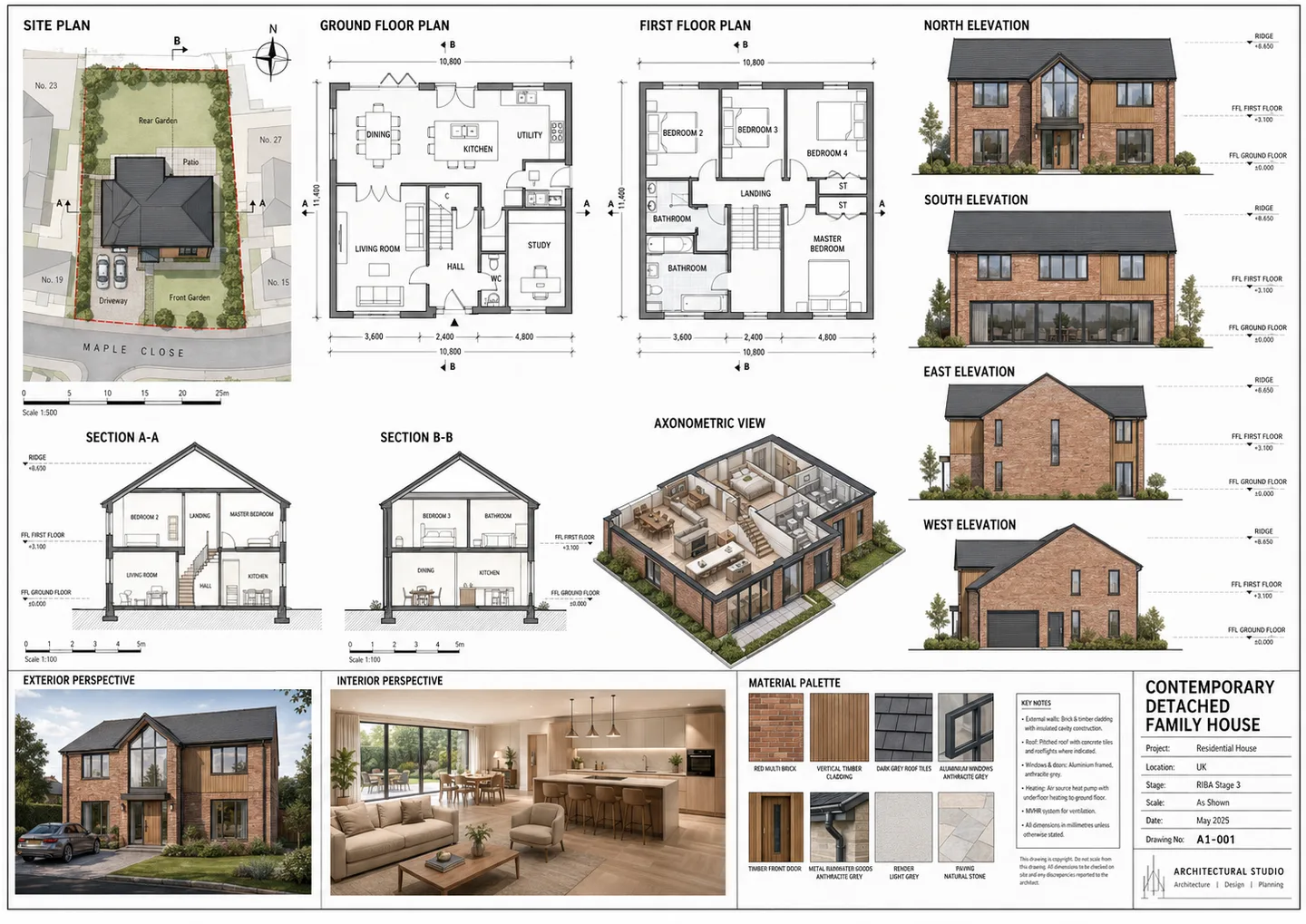 Sample A1 presentation board for a two-storey family home — illustrative demo preview