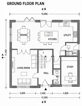 Ground floor plan with room layout, labels and dimensions